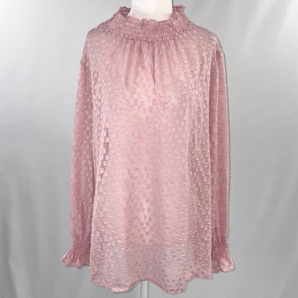 New Everleigh Smocked Mock Neck Long Sleeve Sheer Blouse Blush Pink Size 1X - Picture 2 of 16